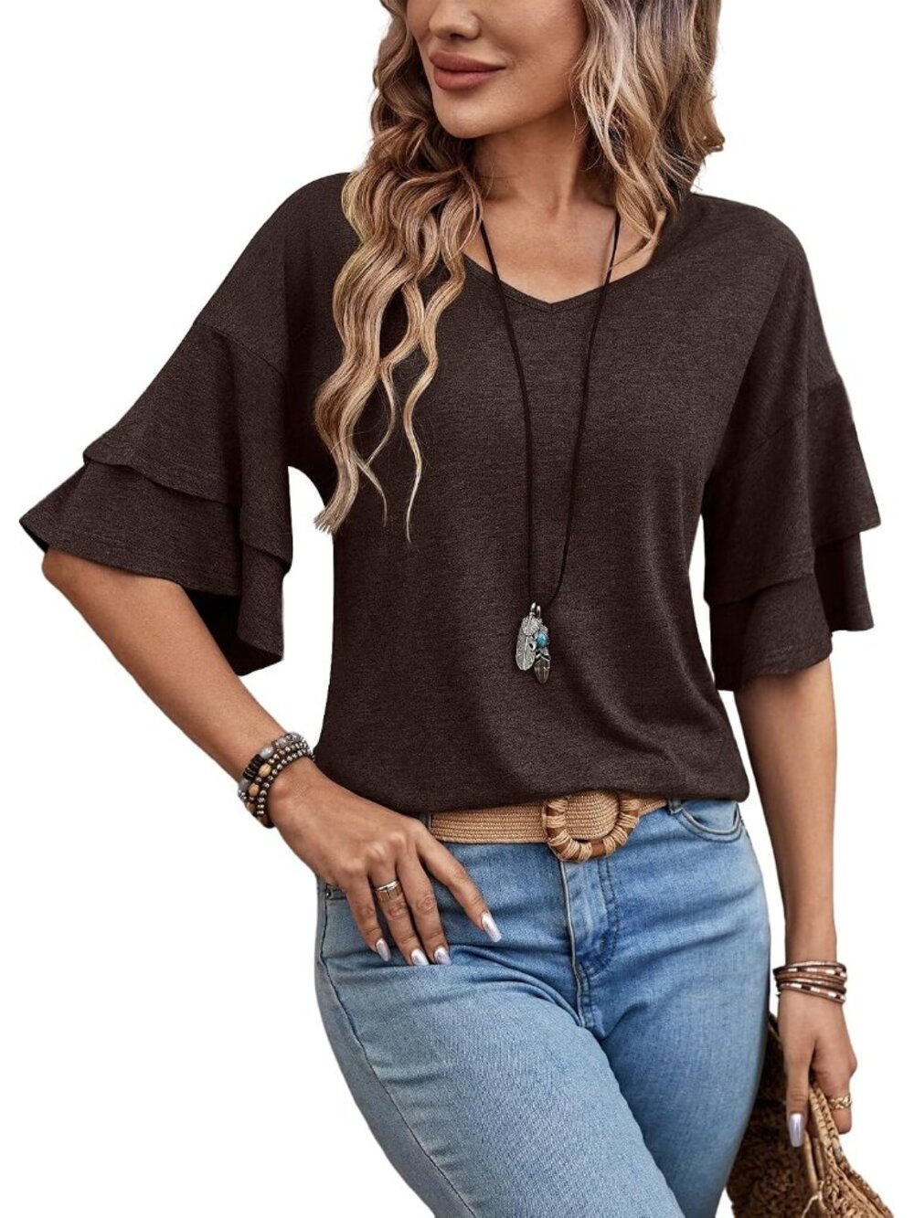Elegant Women's 3/4 Sleeve Ruffle V-Neck Blouse - Casual Tunic in Coffee Brown